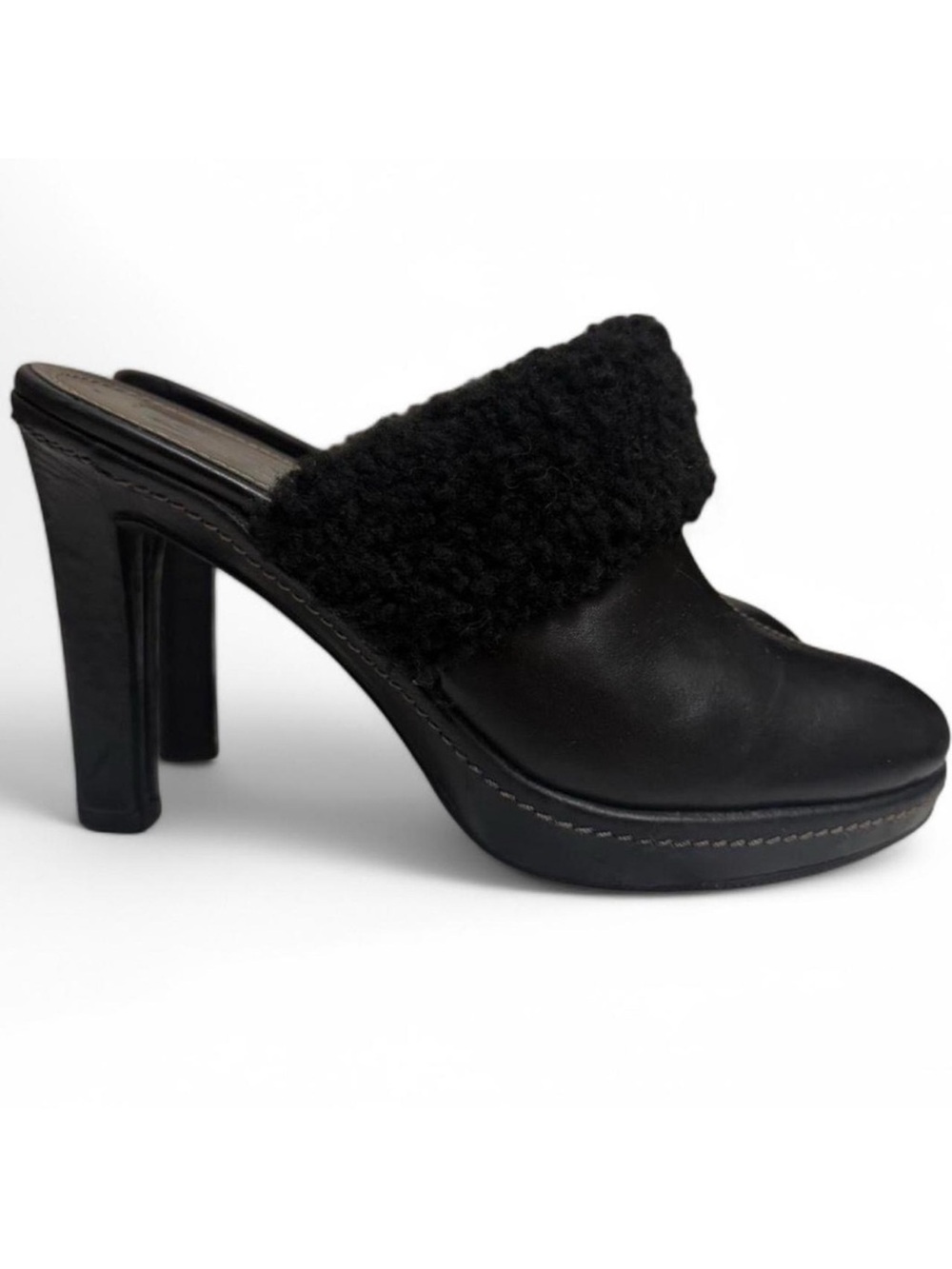 Y2K Coach Kacie Leather Mules Black Leather Shearling High Heel Size 6.5